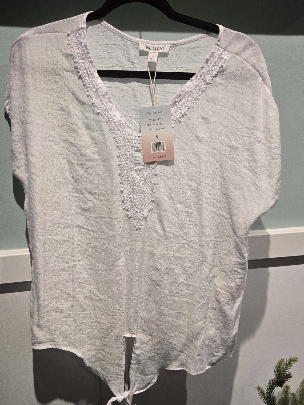 Palm Rio Womens Small White Linen Tie Front Boho Blouse Embroidered Lace NWT